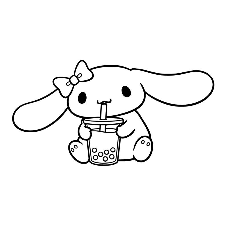 cinnamoroll drinking boba tea with a bow on her his left ear