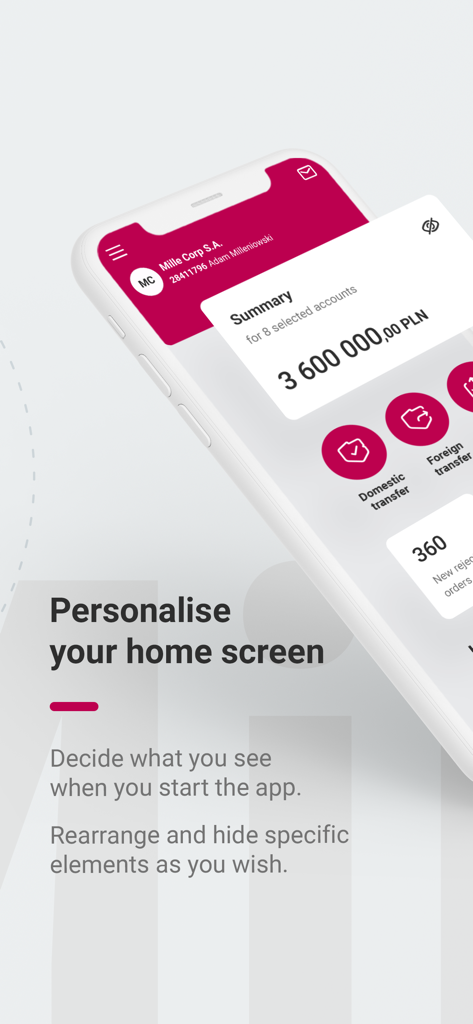 Bank Millennium for Corporate mobile app interface showing a customizable home screen with account balance and quick transfer shortcuts