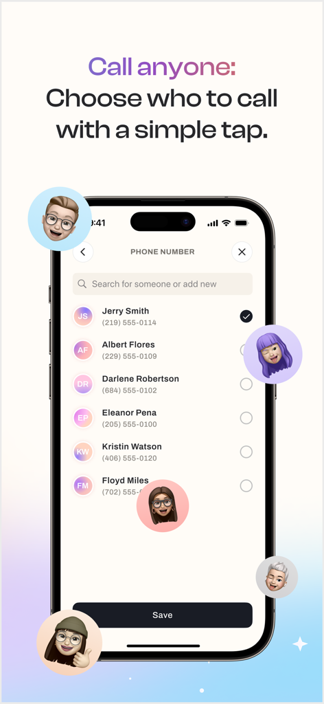 Dropcall: AI Voicemail & Phone - A mobile interface showing a list of contacts with names and phone numbers to choose who to call with the Dropcall AI app