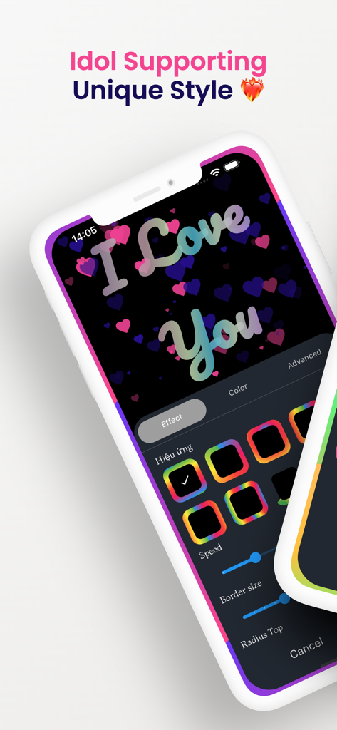 Pantalla de iPhone mostrando la aplicación Colores de Iluminación de Borde con bordes de arcoíris y configuraciones de personalización.