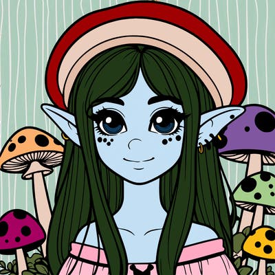 realistic female elf with cute mushrooms all around her face