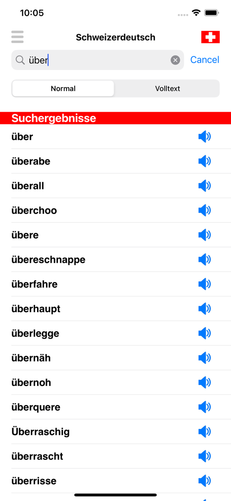 Suchergebnisse für das Wort "uber" in der Schweizerdeutschen Wörterbuch-App, die eine Liste von Begriffen und Audio-Wiedergabe-Icons anzeigt