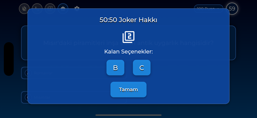 Bilgi Metre! - Captura de pantalla de la pantalla de comodín 50:50 en la aplicación de trivia Bilgi Metre