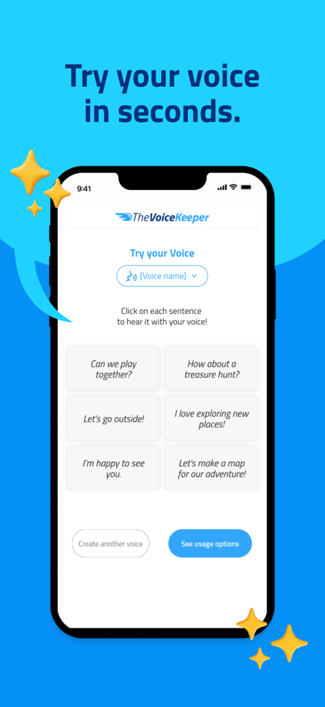The Voice Keeper AAC - Pantalla de vista previa de la aplicación The Voice Keeper AAC que permite a los usuarios probar su voz personalizada con frases de ejemplo.