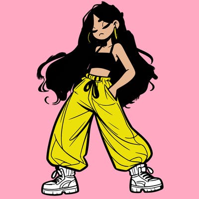 girl in baggy pants crop top and long hair