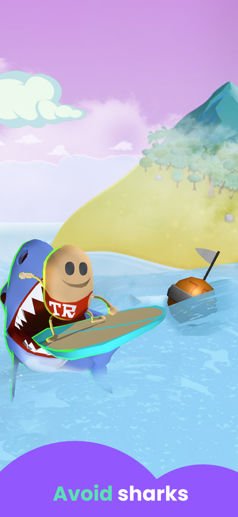 Cartoon mascot surfing on a board while avoiding a shark in the ocean
