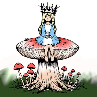 realistic girl sitting on a huge tree stump size toadstool with thorn crown