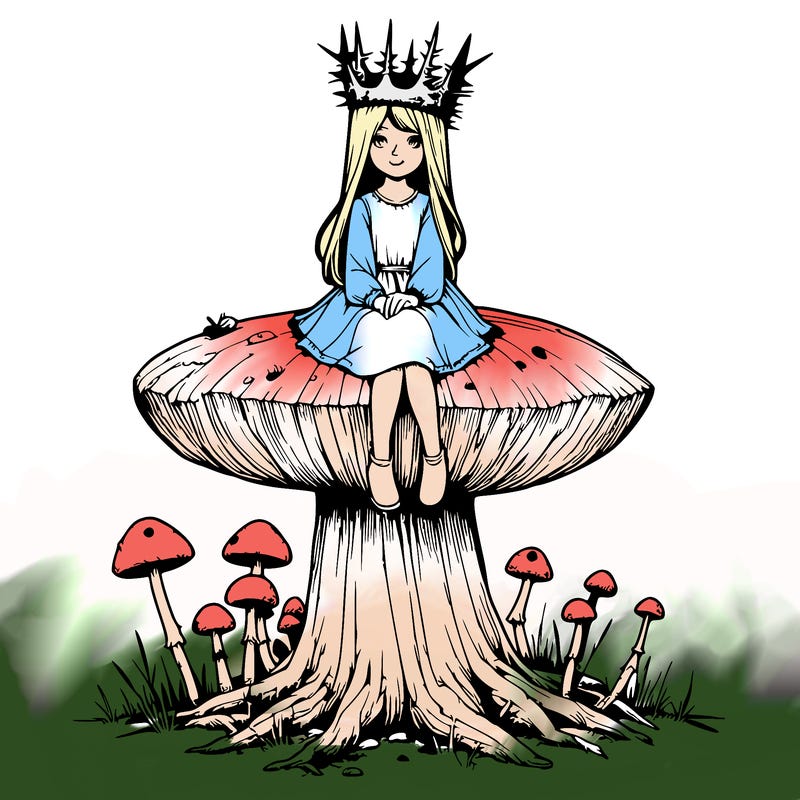 realistic girl sitting on a huge tree stump size toadstool with thorn crown