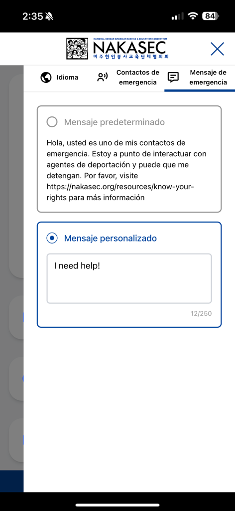Know Your Rights 4 Immigrants - 이민자를 위한 권리 알기 앱의 기본 및 사용자 지정 비상 문자 메시지 옵션이 포함된 비상 메시지 설정 화면
