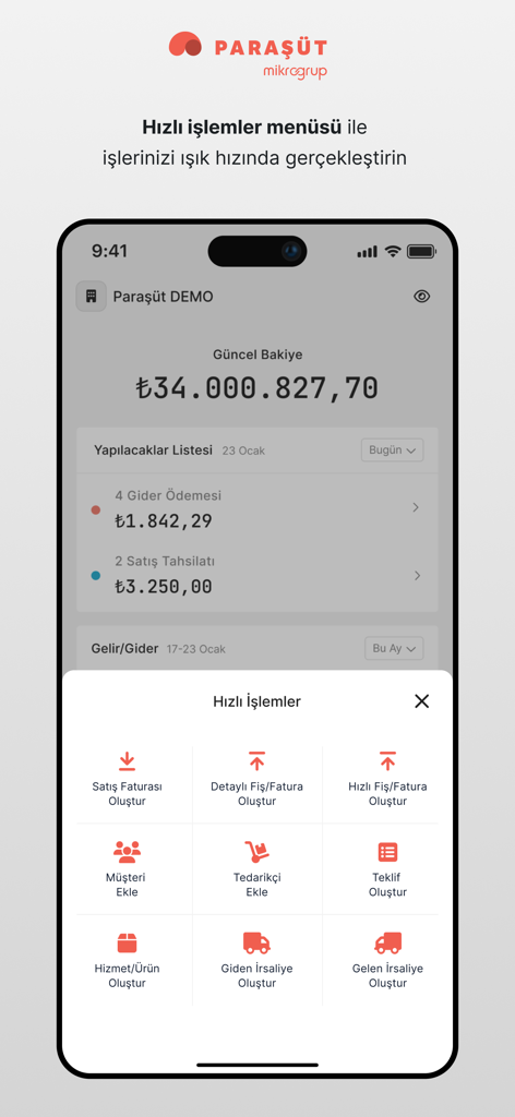 Parasutモバイルアプリのダッシュボード。請求書発行とビジネス管理のためのクイックアクションメニューが表示されています。