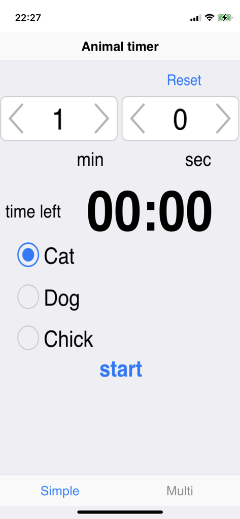 Animal Timer - Animal Timer mobile app interface showing a one minute timer setup with the cat sound option selected