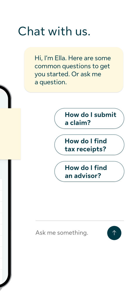 my Sun Life (Canada) - Ella라는 자동 어시스턴트가 보험금 청구 및 세금 영수증 옵션을 제공하는 my Sun Life Canada 앱 채팅 인터페이스 스크린샷