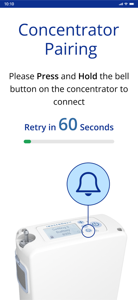 Inogen Connect Portable Oxygen - Inogen Connect app screen showing instructions for pairing a portable oxygen concentrator by holding the bell button