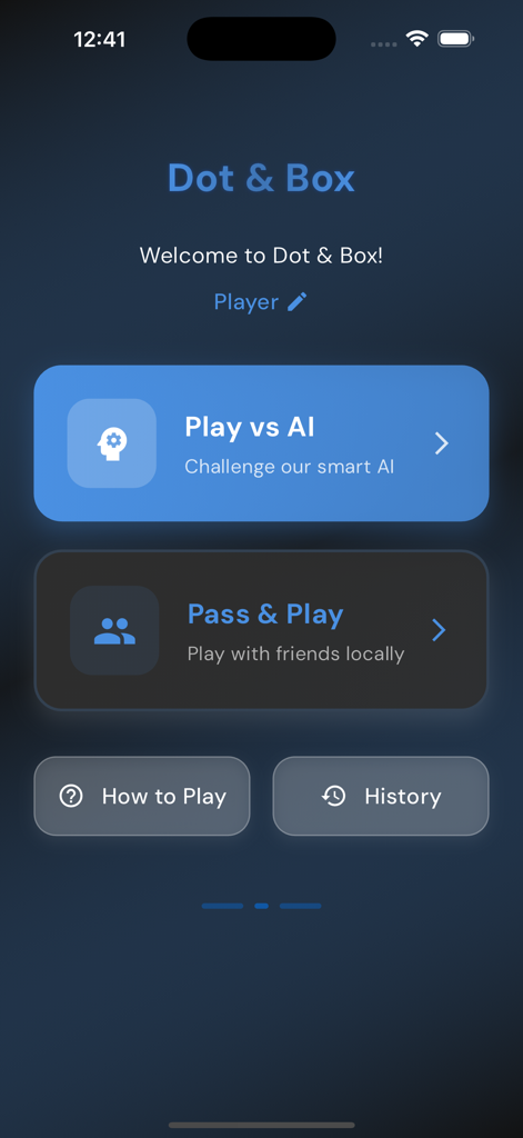 Dot & Box: Line Connect Puzzle - Menu principale del gioco Dot and Box Line Connect Puzzle che mostra le opzioni per Gioca contro IA e modalità multiplayer locale Pass and Play in un'interfaccia a tema scuro.