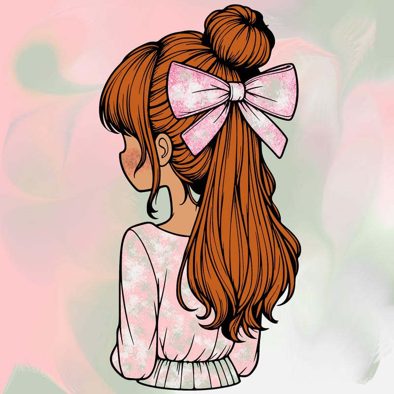 realistic girl  with hip length hair a bun and a big bow on the back of head