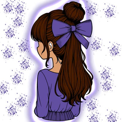 realistic girl  with hip length hair a bun and a big bow on the back of head