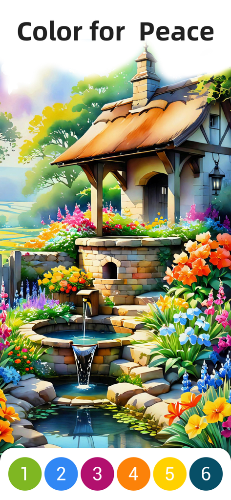 Super Color® - Paint by Number - A vibrant paint by number illustration of a peaceful cottage garden with colorful flowers.