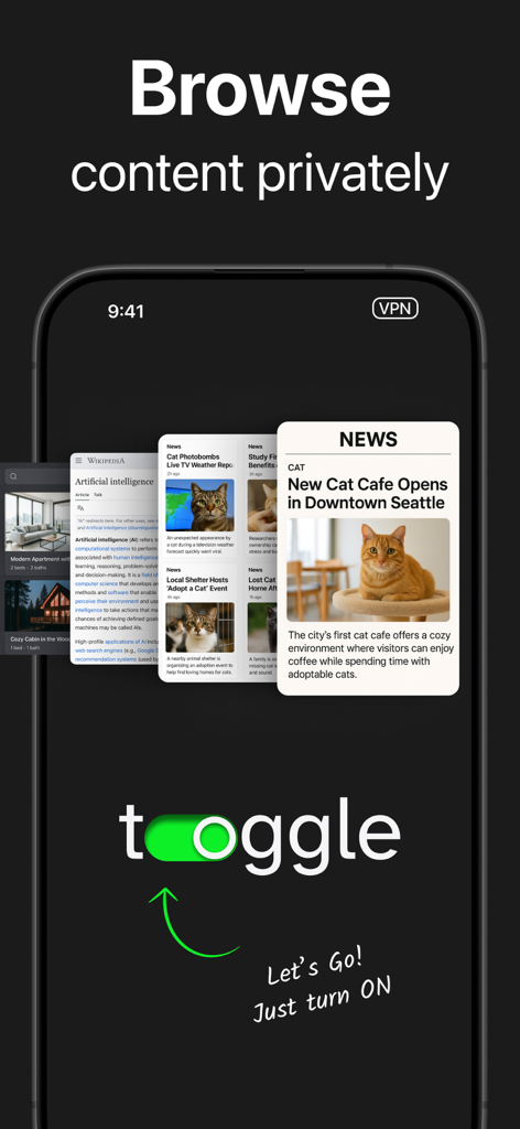Toggle VPN mobile interface showing private web browsing and one tap connection switch