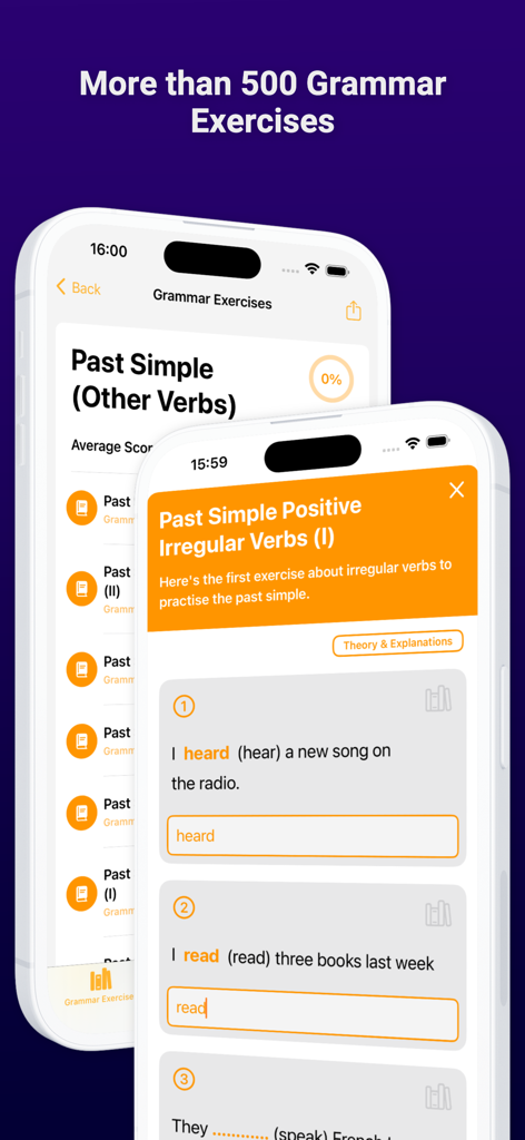 English Grammar Test PRO - English Grammar Test PRO app interface showing interactive past simple verb exercises on a smartphone screen