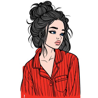 realistic woman with pajamas on and a messy bun
