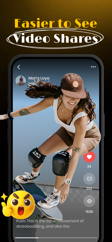 Rollmate - Explore Local Vibes - Rollmateアプリのスクリーンショットで、女性スケーターの動画投稿にいいねやコメントなどのエンゲージメント統計が表示されている
