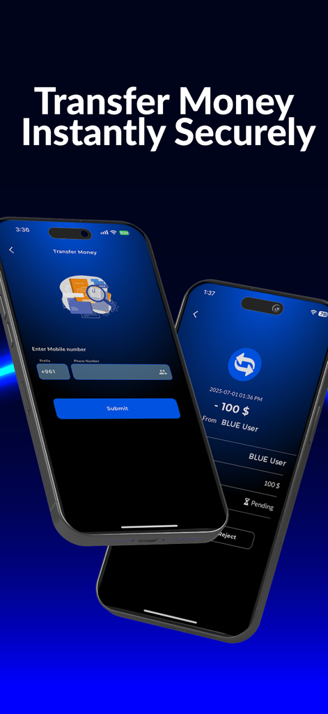Blue Wallet Fintech - Pantalla de la aplicación Blue Wallet Fintech que muestra transferencias de dinero instantáneas e historial de transacciones en dispositivos móviles.