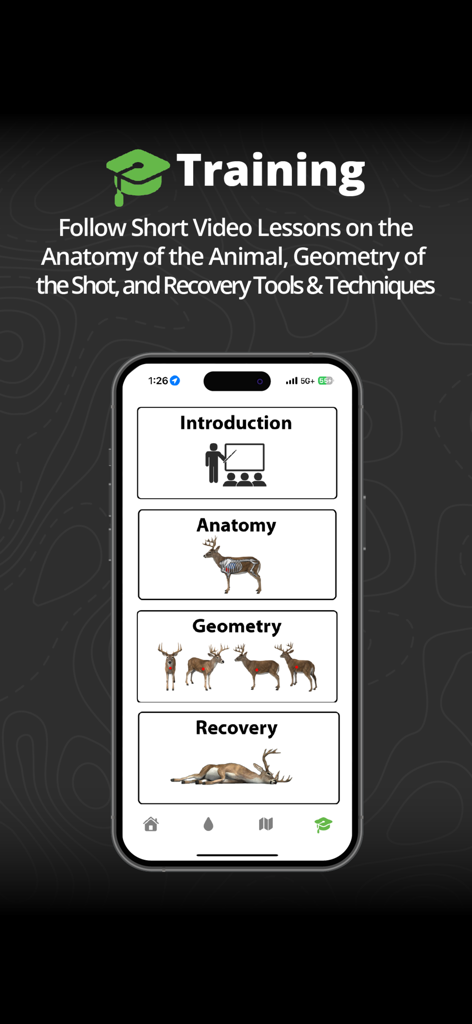 Track N Trail - Hunting & Maps - Track N Trail app training screen showing deer anatomy and shot geometry lessons