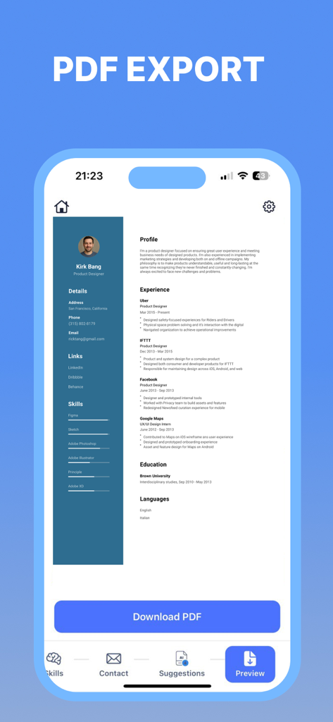 Resume Builder: AI CV-Maker - プロフェッショナルな履歴書のプレビューとPDFとしてダウンロードするオプションを示すモバイルアプリのインターフェース