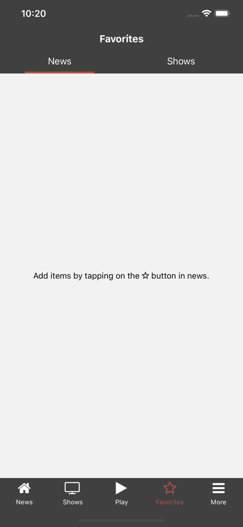 Telearuba app favorites screen with tabs for news and shows