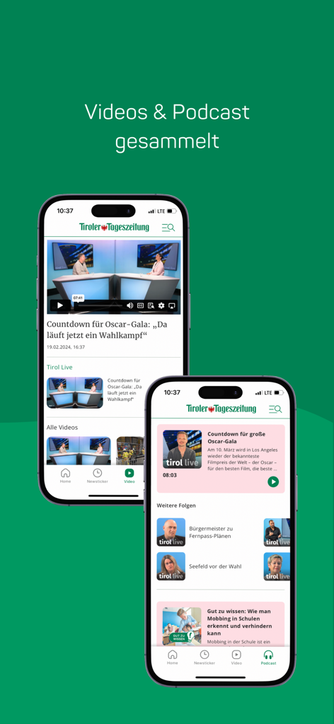 tt.com - Two smartphones displaying the video and podcast features of the tt.com news app on a green background.