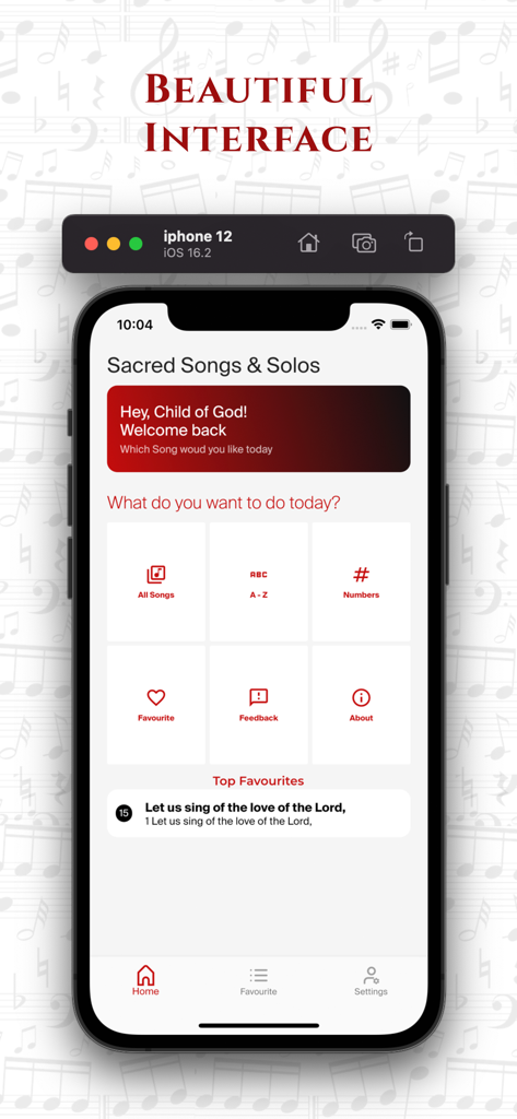 Home screen of the Sacred Songs and Solos offline hymnal app showing song navigation options