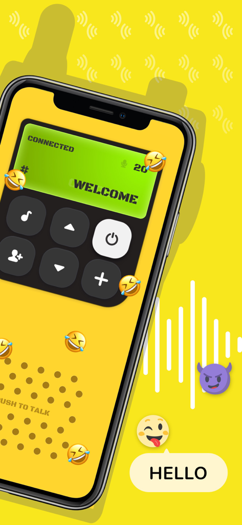 A yellow-themed mobile app screen showing a walkie-talkie interface with floating emojis and a speech bubble saying hello.