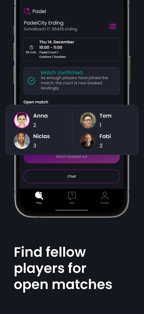 PadelCity – Book Padel Now - Schermata dell'app PadelCity che mostra la funzione di ricerca di altri giocatori per partite aperte con profili dei giocatori