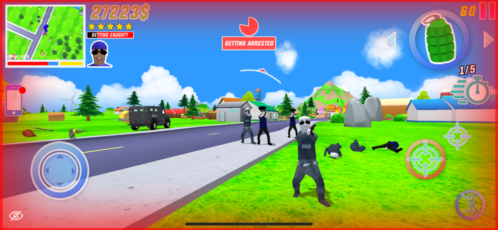 A gameplay screenshot of Dude Theft Wars showing a low-poly character surrounded by SWAT officers with a Getting Arrested alert on screen.