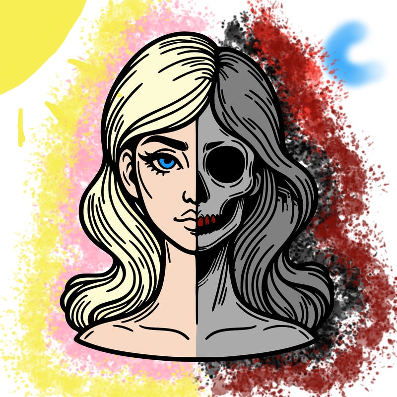 bust of a woman, half face and hair, half skull