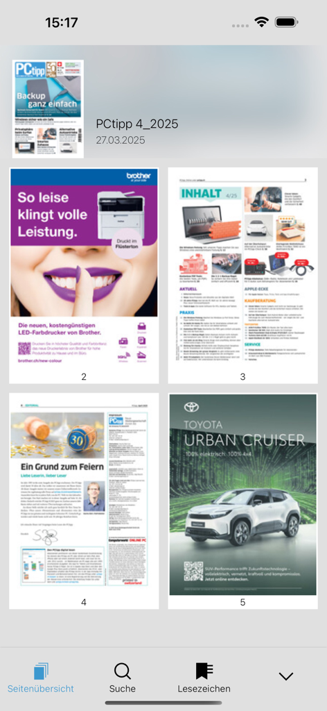 PCtipp E-Paper - A screenshot of the PCtipp E-Paper app displaying an overview of magazine pages including the table of contents and editorial articles.