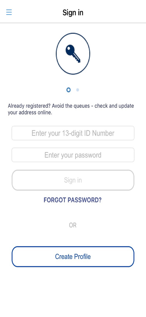 Tela de login do aplicativo IEC South Africa com campos de entrada para número de identidade e senha