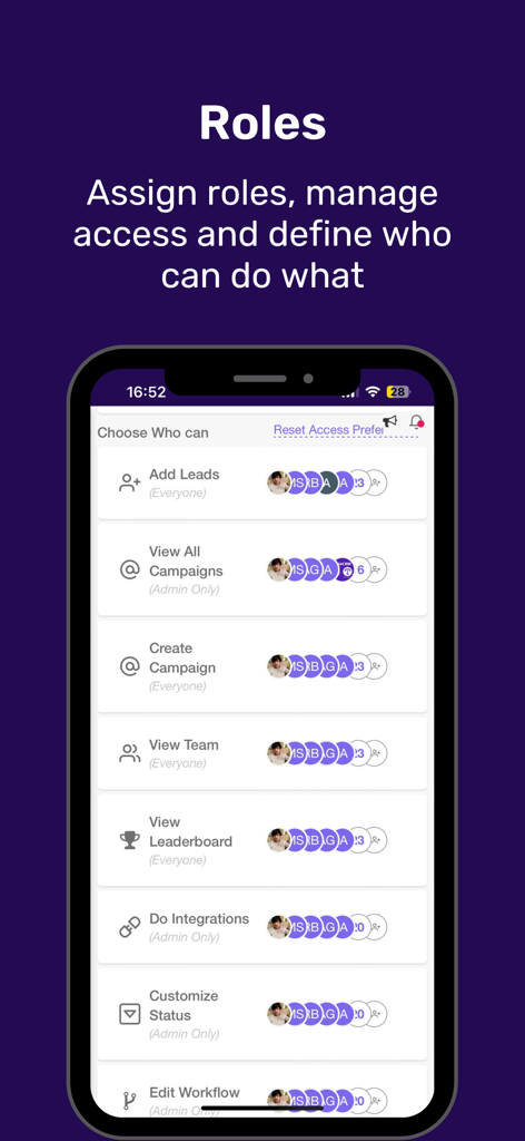 Telecrm: Telecalling Software - Interface of Telecrm app showing roles management and user access permissions