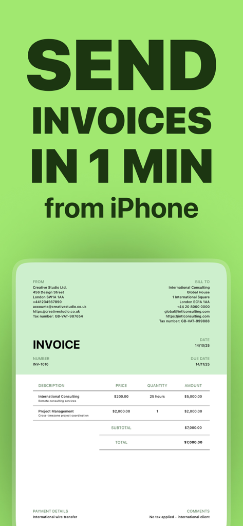 Invoice.app: Receipt Generator - Promotional screen showing how to send professional invoices in one minute from an iPhone using Invoice app