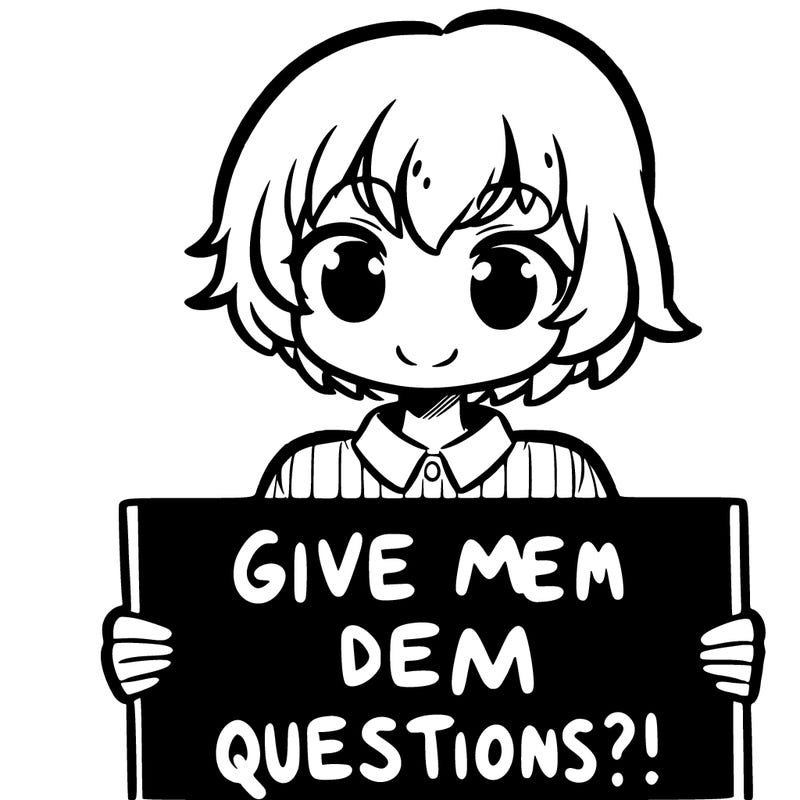girl with short hair holding a sign that says “give me dem questions!”