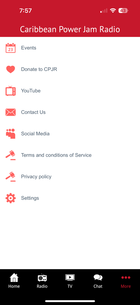 Caribbean Power Jam Radio - More menu options of the Caribbean Power Jam Radio app showing links for events donate social media and settings
