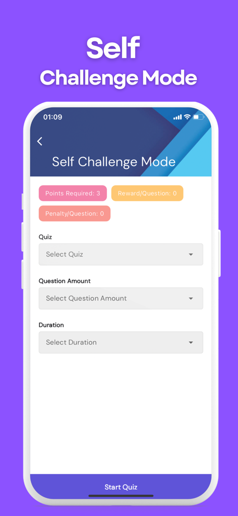 The Self Challenge Mode interface in the Dental Mastery app for customizing board exam practice quiz settings