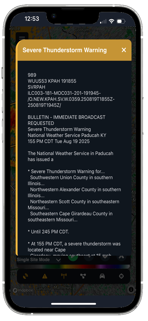 cycRad - A detailed National Weather Service severe thunderstorm warning bulletin displayed within the cycRad weather app.