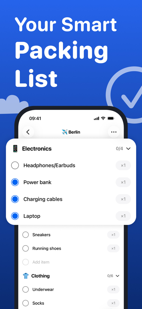 Uno schermo di smartphone che mostra l'interfaccia dell'app Packo con una lista di imballaggio per Berlino, con categorie come elettronica e abbigliamento.