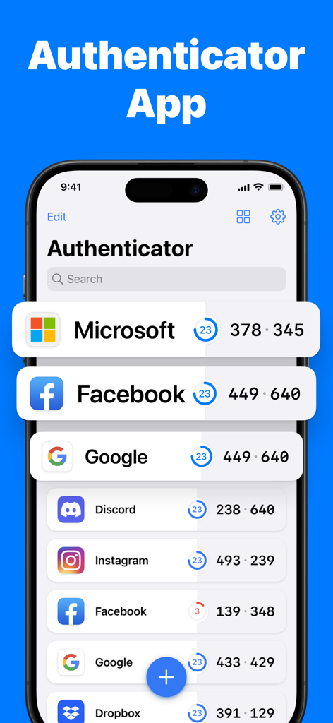 Interface of Authenticator App plus showing security codes for Microsoft and Facebook