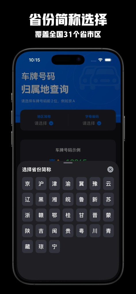 A selection grid of Chinese province abbreviations for car license plate lookup in a mobile application.
