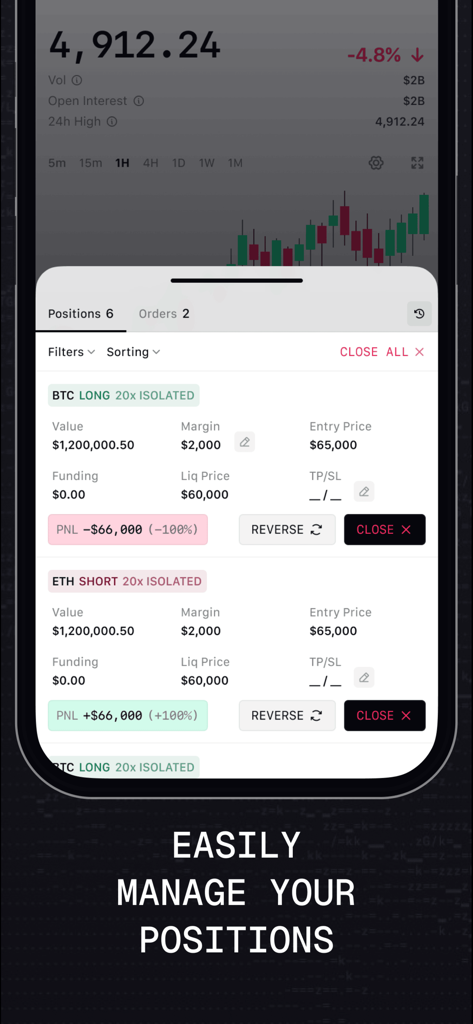 Lighter Mobile - Lighter Mobile app interface showing active leveraged BTC and ETH trading positions with PNL tracking