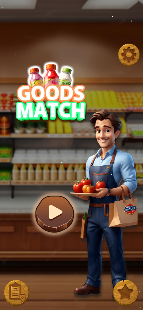 마트 정리 게임의 타이틀 화면으로, 슈퍼마켓 관리자와 상품 매치 로고가 보입니다.