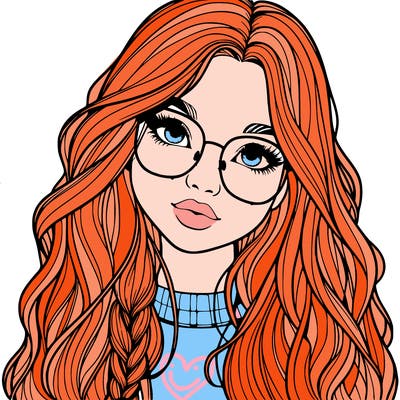 girl with long hair and freckles and glasses realistic