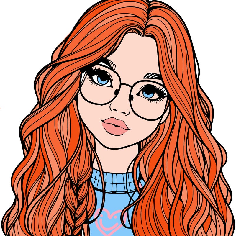 girl with long hair and freckles and glasses realistic